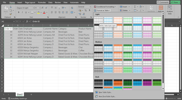 screenshot of a table being fomatted as table in Excel