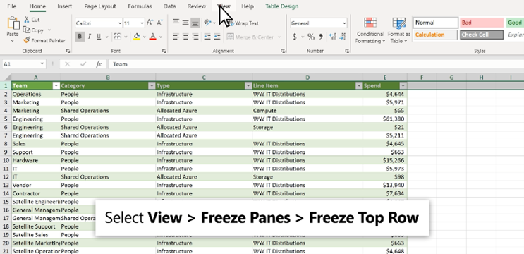 Screenshot of Excel spreadsheet with freeze panes